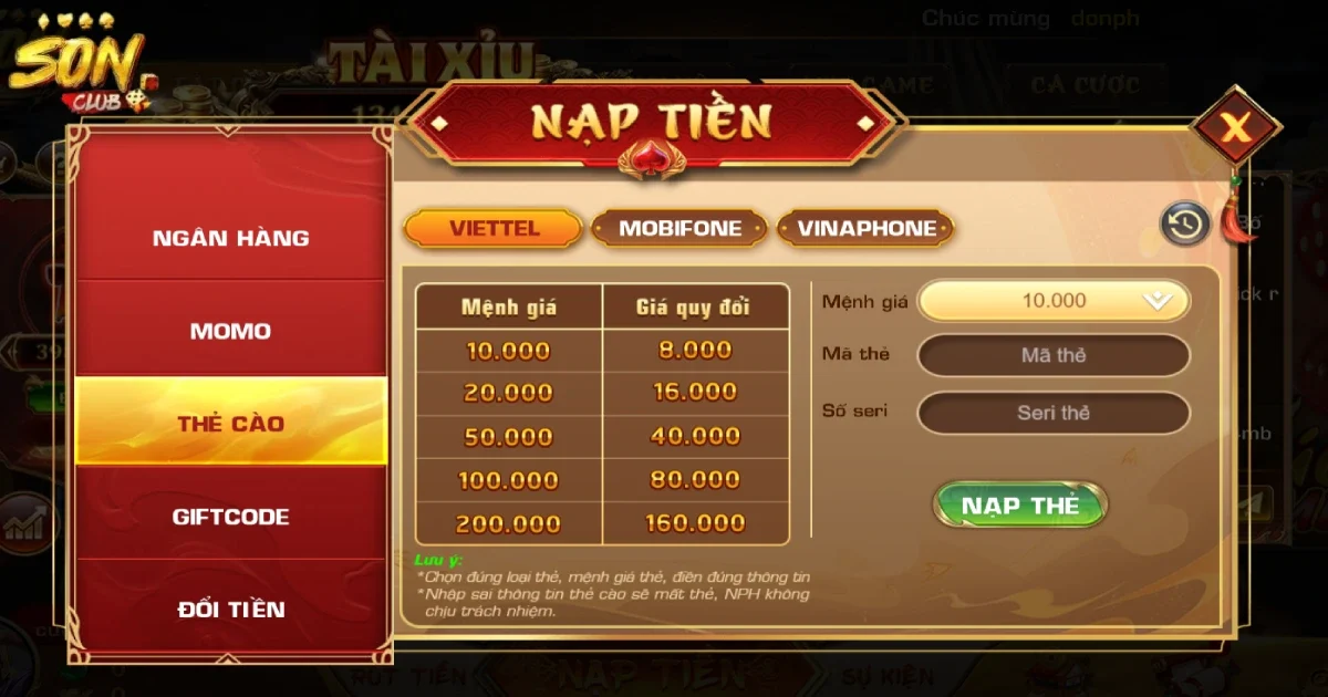 Các quy trình nạp tiền SONCLUB đúng cách và chính xác nhất 2 Cách nạp tiền SONCLUB qua phương thức mã thẻ cào di động